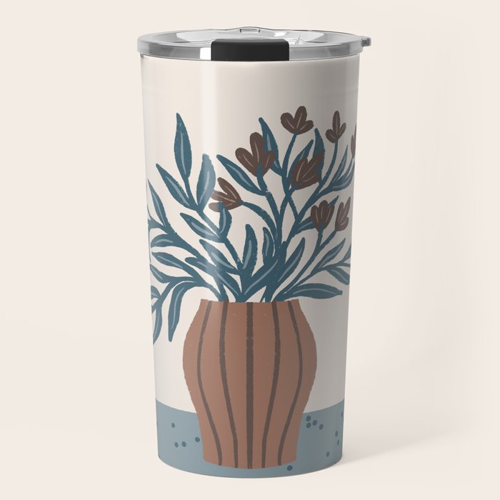 Brown Flowers in a Vase - Minimalist Floral Still Life Travel Mug Gallery Image 1