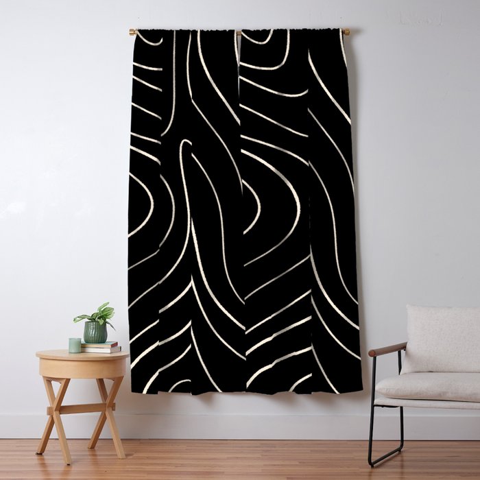 Minimalist Topographical Abstract in Black and Almond Cream Window Curtain Gallery Image 5