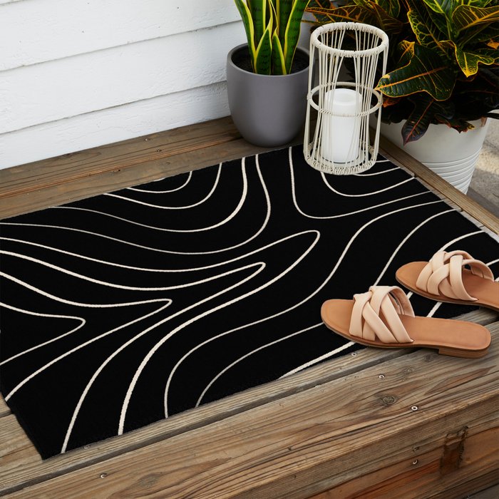 Minimalist Topographical Abstract in Black and Almond Cream Outdoor Rug Gallery Image 2