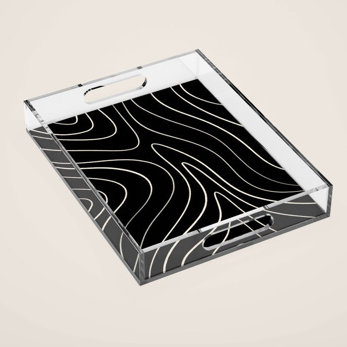 Minimalist Topographical Abstract in Black and Almond Cream Acrylic Tray Gallery Image 1