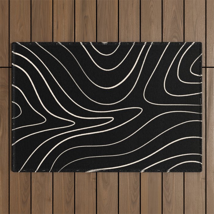 Minimalist Topographical Abstract in Black and Almond Cream Outdoor Rug Gallery Image 1