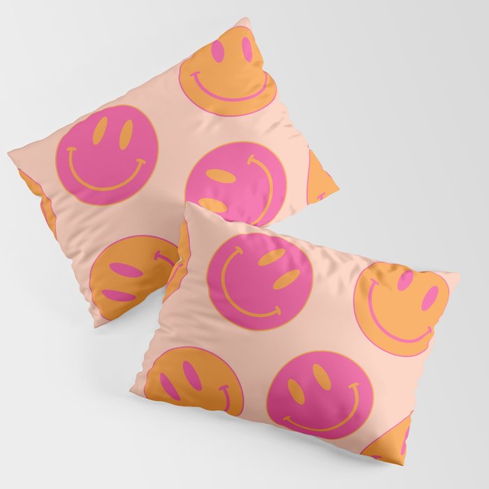 Retro Groovy Smiley Face Poster - Pink and Orange 90s Vibes Pillow Sham Gallery Image 3