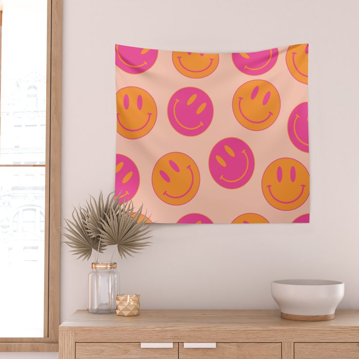 Retro Groovy Smiley Face Poster - Pink and Orange 90s Vibes Wall Tapestry Gallery Image 2