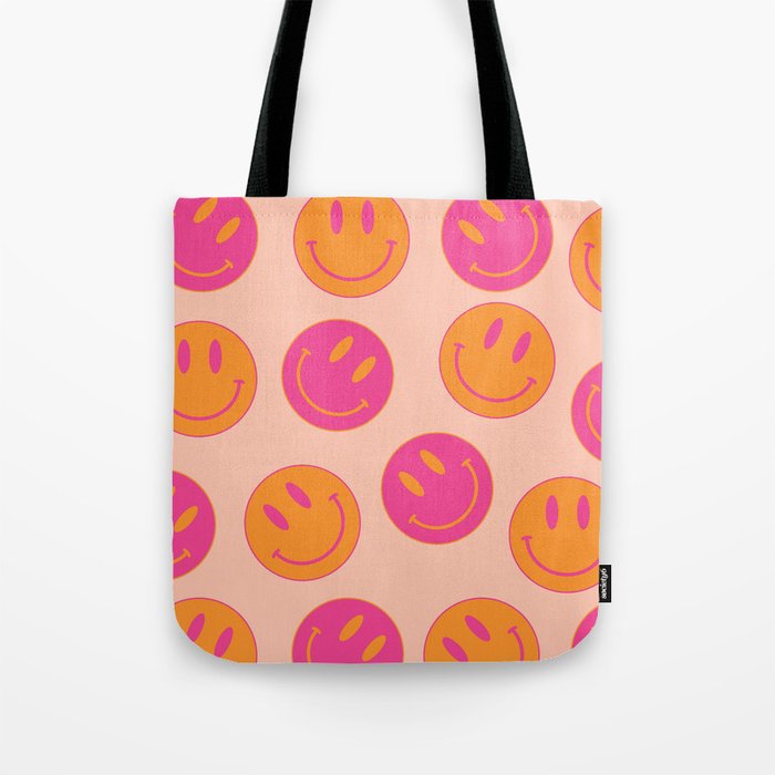 Retro Groovy Smiley Face Poster - Pink and Orange 90s Vibes Tote Bag Gallery Image 1