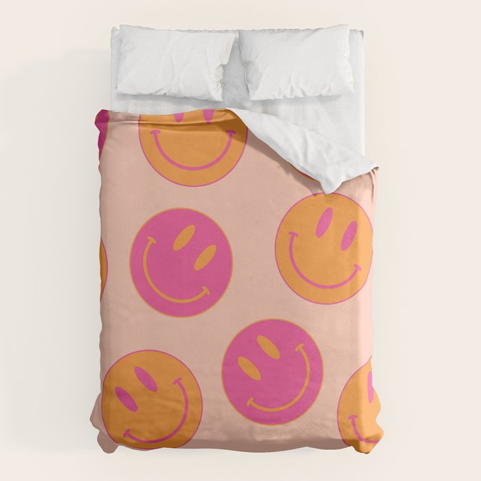 Retro Groovy Smiley Face Poster - Pink and Orange 90s Vibes Duvet Cover Gallery Image 6