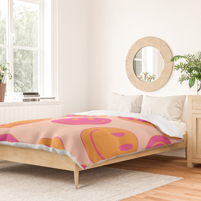 Retro Groovy Smiley Face Poster - Pink and Orange 90s Vibes Duvet Cover Gallery Image 2