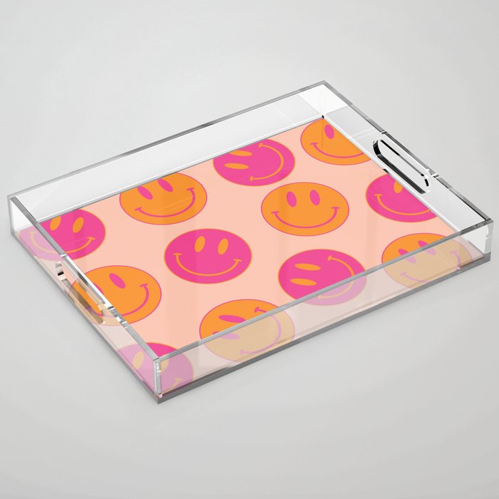 Retro Groovy Smiley Face Poster - Pink and Orange 90s Vibes Acrylic Tray Gallery Image 1