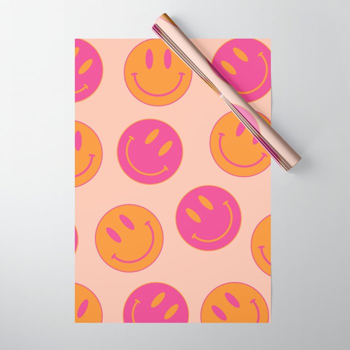Retro Groovy Smiley Face Poster - Pink and Orange 90s Vibes Wrapping Paper Gallery Image 1
