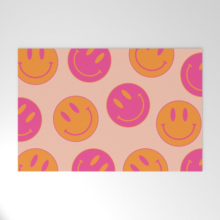 Retro Groovy Smiley Face Poster - Pink and Orange 90s Vibes Welcome Mat Gallery Image 1