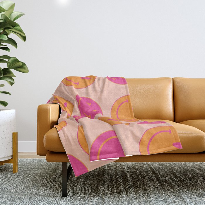 Retro Groovy Smiley Face Poster - Pink and Orange 90s Vibes Throw Blanket Gallery Image 1