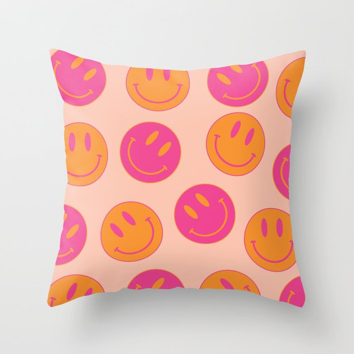 Retro Groovy Smiley Face Poster - Pink and Orange 90s Vibes Throw Pillow Gallery Image 6