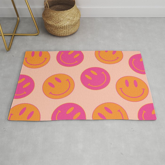 Retro Groovy Smiley Face Poster - Pink and Orange 90s Vibes Rug Gallery Image 1
