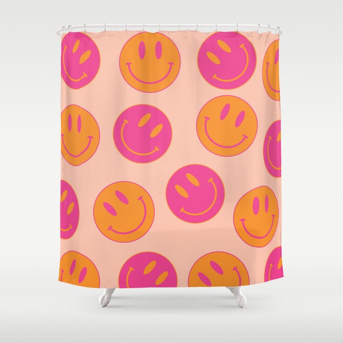 Retro Groovy Smiley Face Poster - Pink and Orange 90s Vibes Shower Curtain Gallery Image 1