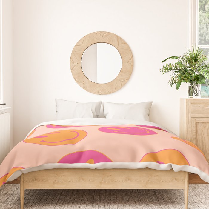 Retro Groovy Smiley Face Poster - Pink and Orange 90s Vibes Duvet Cover Gallery Image 3