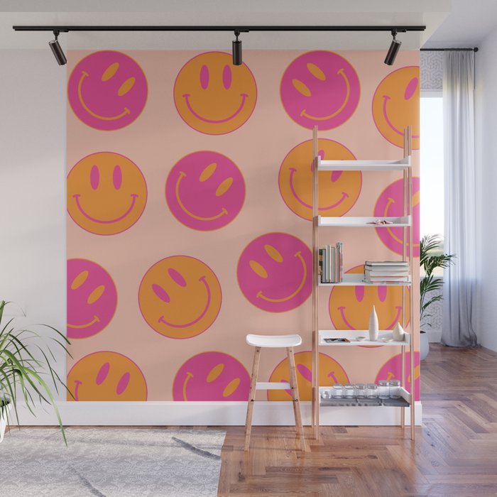 Retro Groovy Smiley Face Poster - Pink and Orange 90s Vibes Wall Mural Gallery Image 1