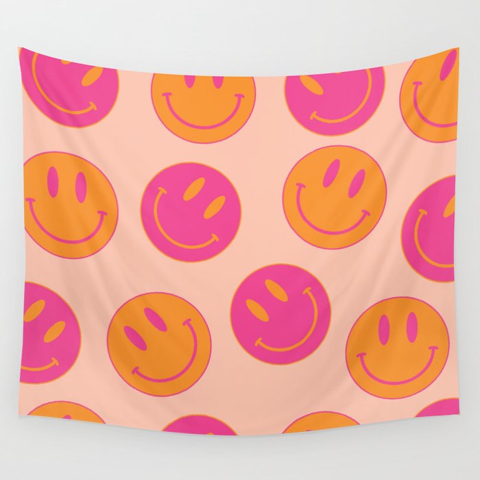 Retro Groovy Smiley Face Poster - Pink and Orange 90s Vibes Wall Tapestry Gallery Image 4