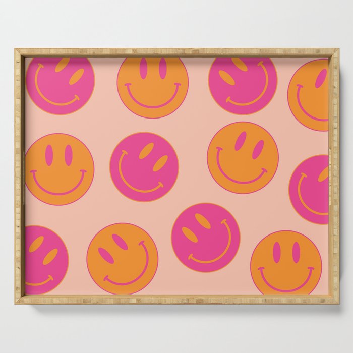 Retro Groovy Smiley Face Poster - Pink and Orange 90s Vibes Serving Tray Gallery Image 1