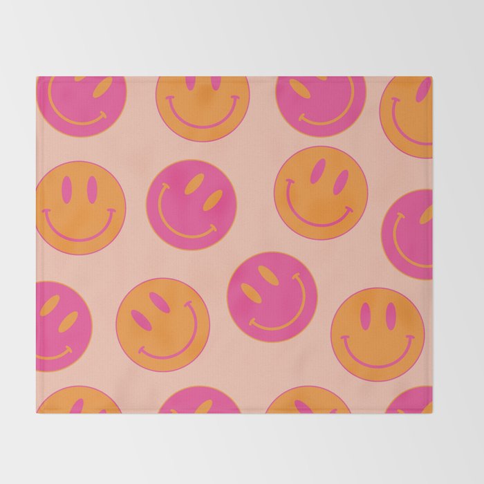 Retro Groovy Smiley Face Poster - Pink and Orange 90s Vibes Throw Blanket Gallery Image 2