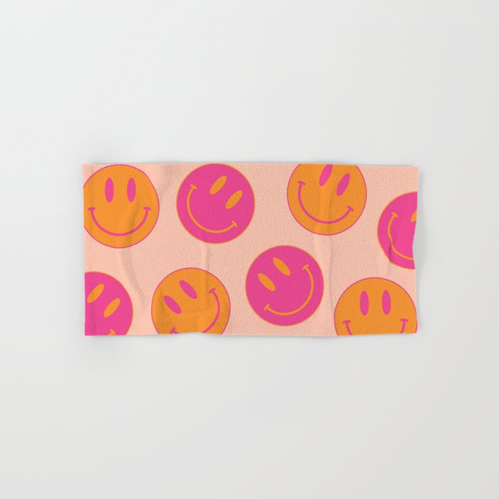 Retro Groovy Smiley Face Poster - Pink and Orange 90s Vibes Bath Towel Gallery Image 1