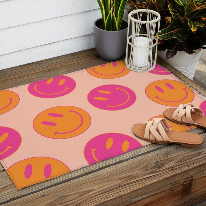 Retro Groovy Smiley Face Poster - Pink and Orange 90s Vibes Outdoor Rug Gallery Image 2