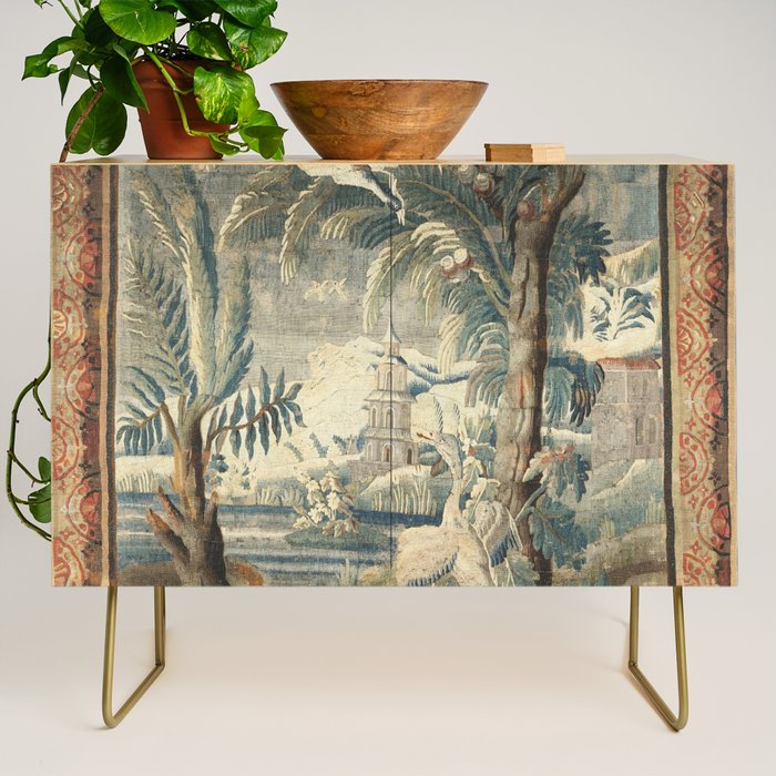 Antique French Verdure Pagoda Tapestry Credenza Gallery Image 1