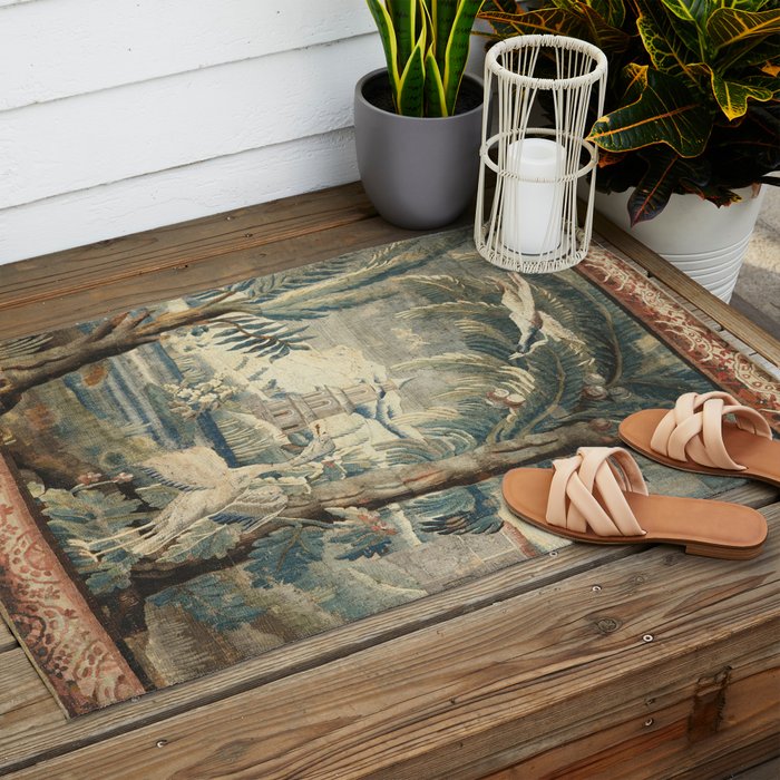 Antique French Verdure Pagoda Tapestry Outdoor Rug Gallery Image 2