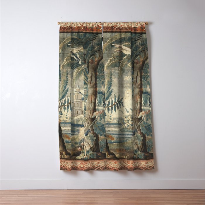 Antique French Verdure Pagoda Tapestry Window Curtain Gallery Image 3