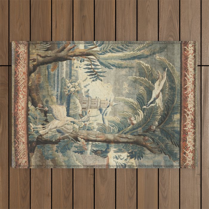 Antique French Verdure Pagoda Tapestry Outdoor Rug Gallery Image 1