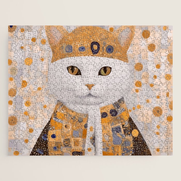White Klimt Cat Dressed as King Cat Jigsaw Puzzle Gallery Image 1