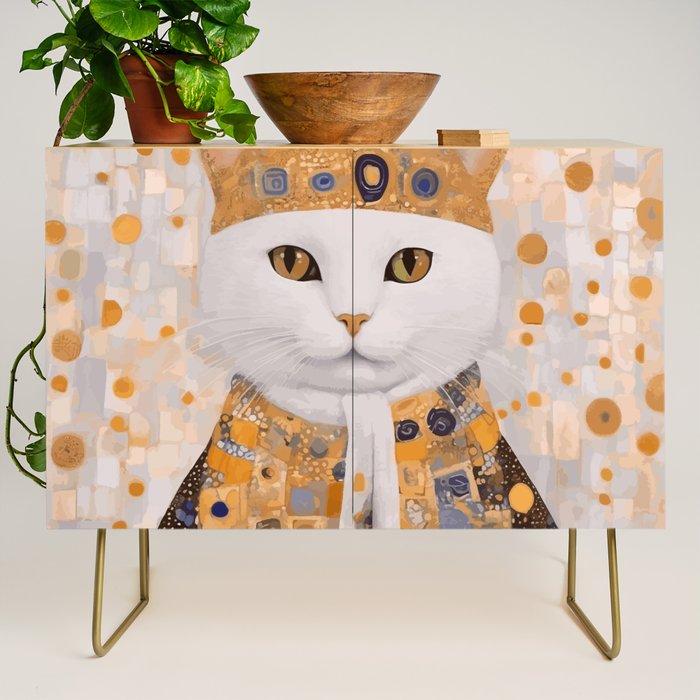 White Klimt Cat Dressed as King Cat Credenza Gallery Image 1