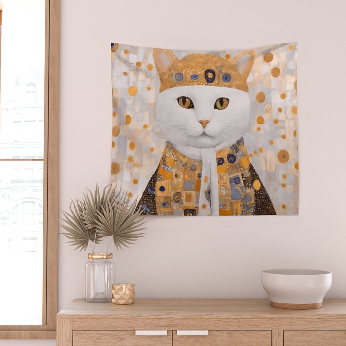 White Klimt Cat Dressed as King Cat Wall Tapestry Gallery Image 2
