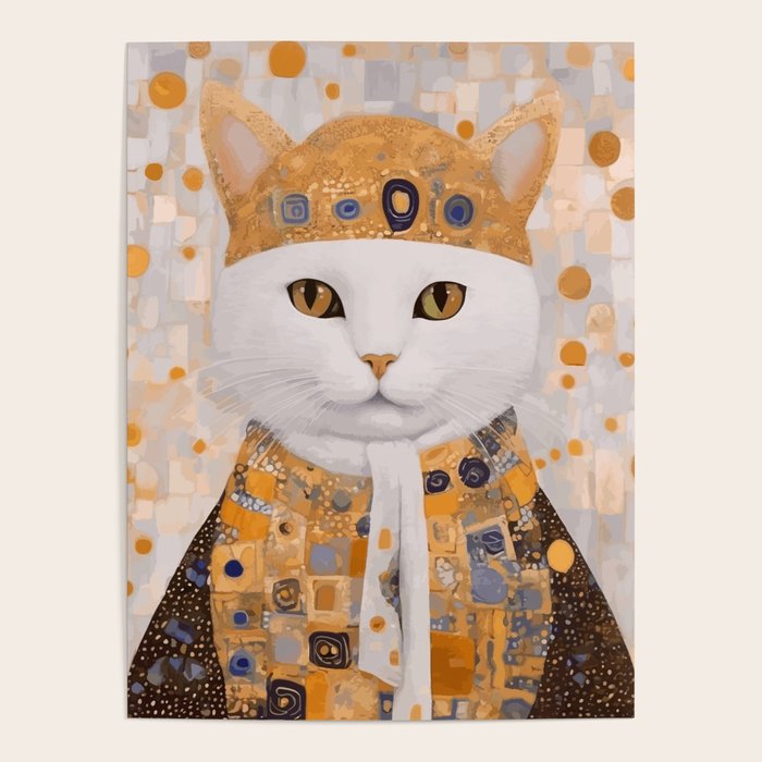 White Klimt Cat Dressed as King Cat Poster Gallery Image 4