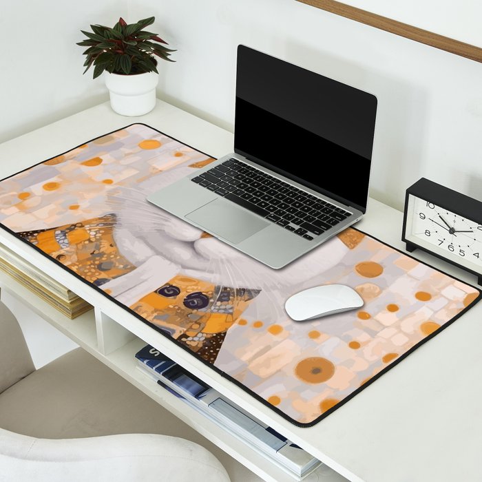 White Klimt Cat Dressed as King Cat Desk Mat Gallery Image 2