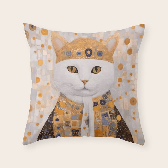 White Klimt Cat Dressed as King Cat Throw Pillow Gallery Image 6