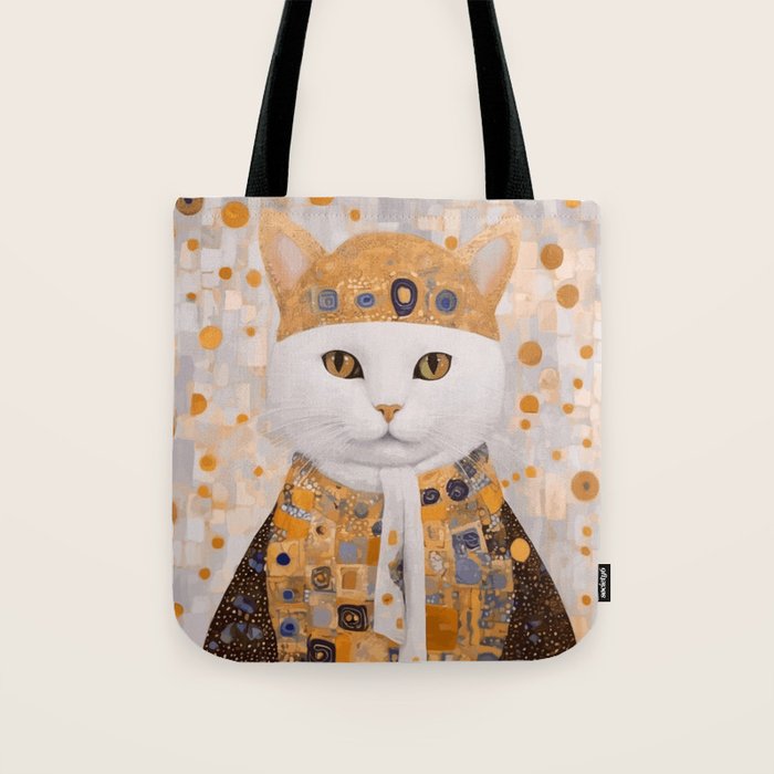 White Klimt Cat Dressed as King Cat Tote Bag Gallery Image 1