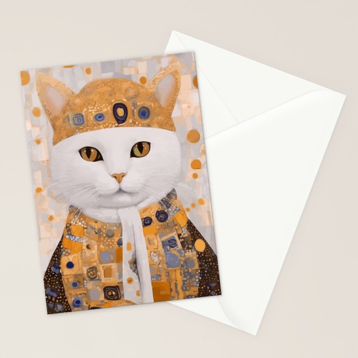 White Klimt Cat Dressed as King Cat Stationery Card Gallery Image 2