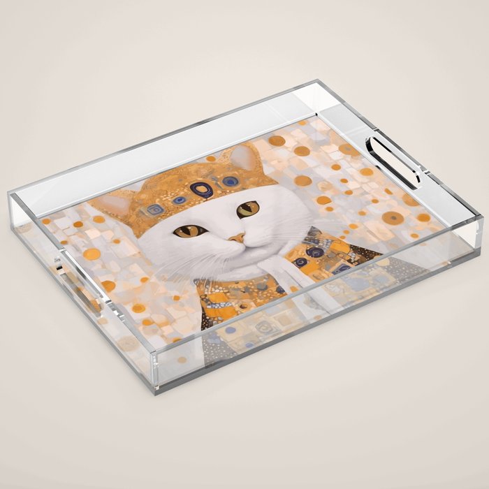 White Klimt Cat Dressed as King Cat Acrylic Tray Gallery Image 1