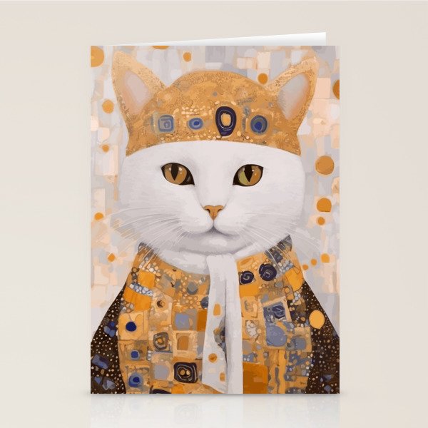 White Klimt Cat Dressed as King Cat Stationery Card Gallery Image 2