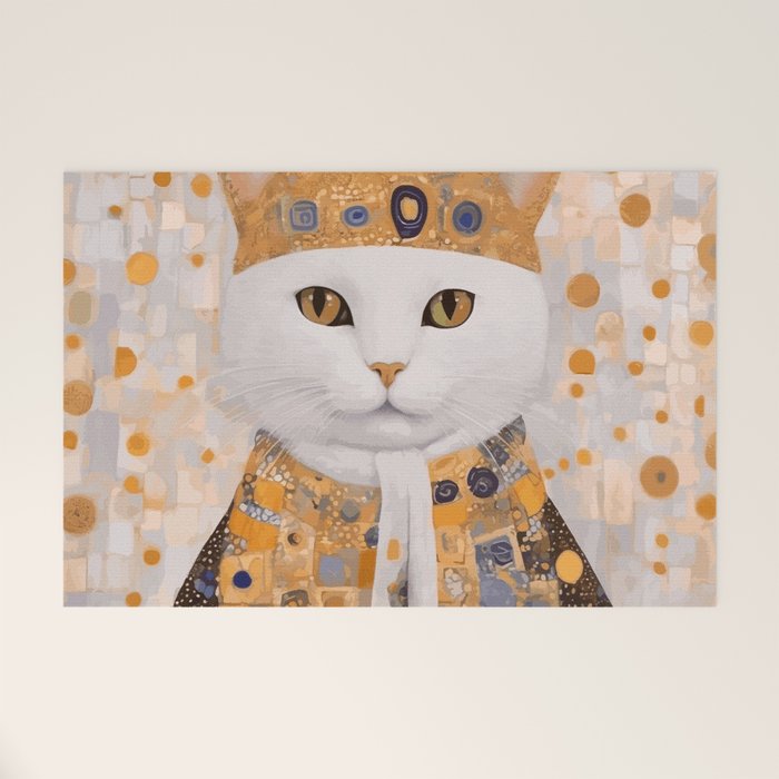 White Klimt Cat Dressed as King Cat Welcome Mat Gallery Image 1