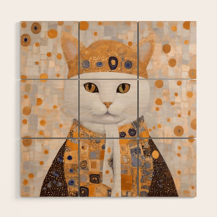 White Klimt Cat Dressed as King Cat Wood Wall Art Gallery Image 1