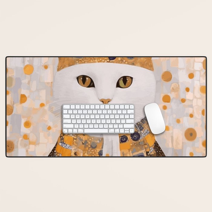 White Klimt Cat Dressed as King Cat Desk Mat Gallery Image 1