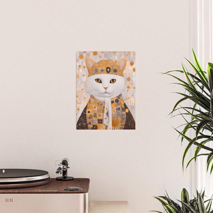 White Klimt Cat Dressed as King Cat Poster Gallery Image 2
