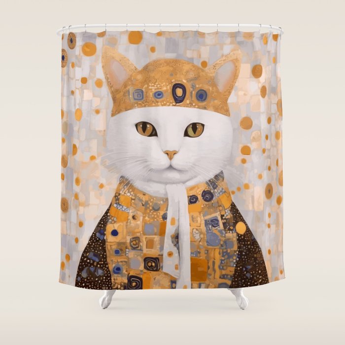 White Klimt Cat Dressed as King Cat Shower Curtain Gallery Image 1