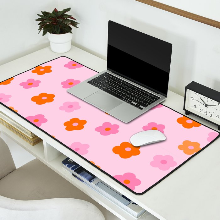 Pink and Orange Groovy Flowers Pattern Desk Mat Gallery Image 2