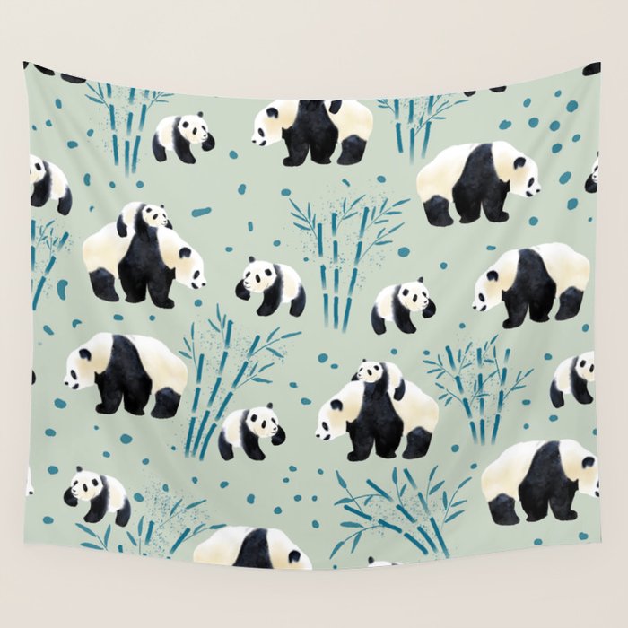 Panda Watercolor Shade of Green  Wall Tapestry Gallery Image 1