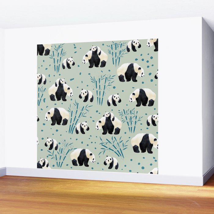 Panda Watercolor Shade of Green  Wall Mural Gallery Image 2