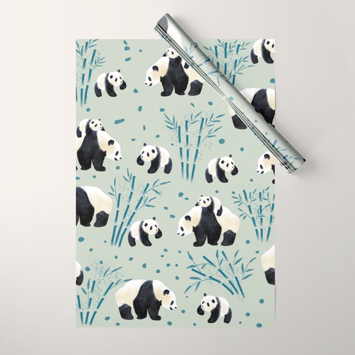 Panda Watercolor Shade of Green  Wrapping Paper Gallery Image 1