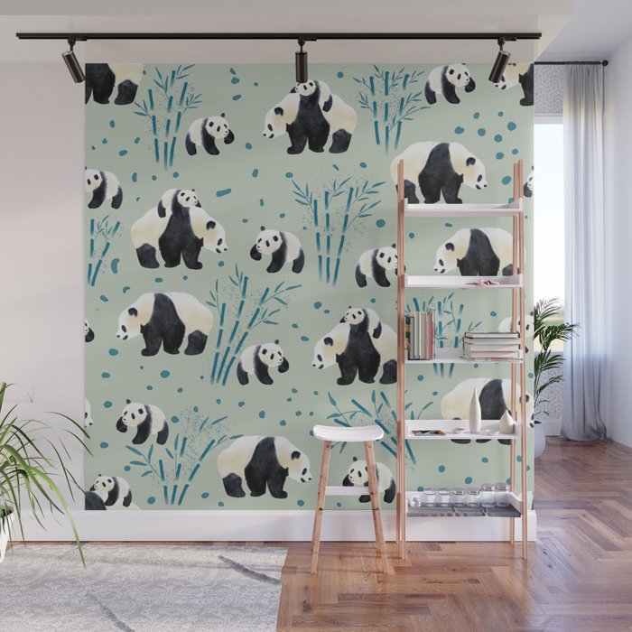Panda Watercolor Shade of Green  Wall Mural Gallery Image 1