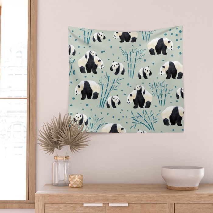 Panda Watercolor Shade of Green  Wall Tapestry Gallery Image 2