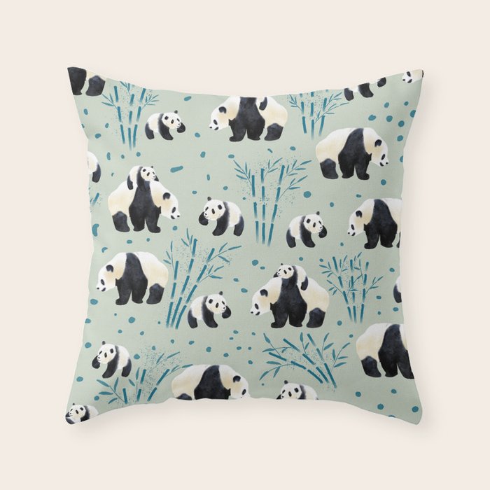 Panda Watercolor Shade of Green  Throw Pillow Gallery Image 1